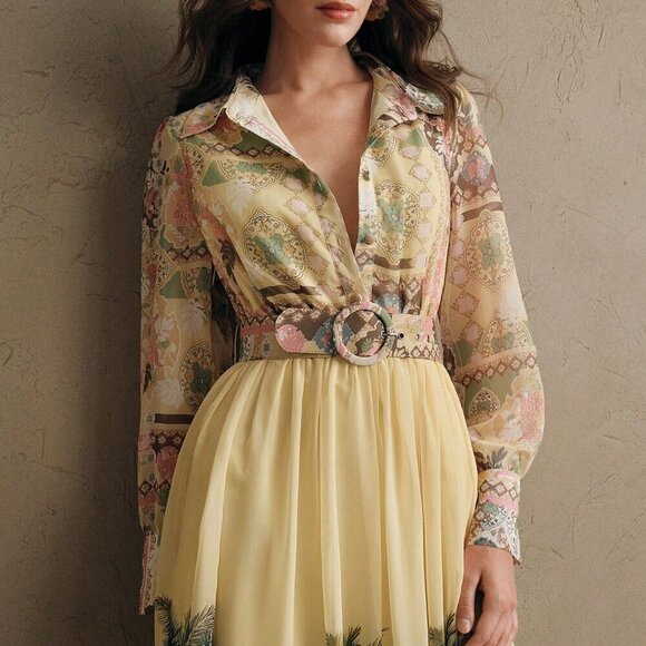 Yellow Boho Women's Floral Print Sleeve Cinched Waist Maxi Dress - Picture 3 of 7